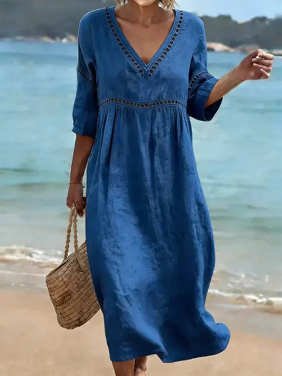 🌿🌿Women's Solid Color Retro Casual Stylish Vacation Cotton Dress