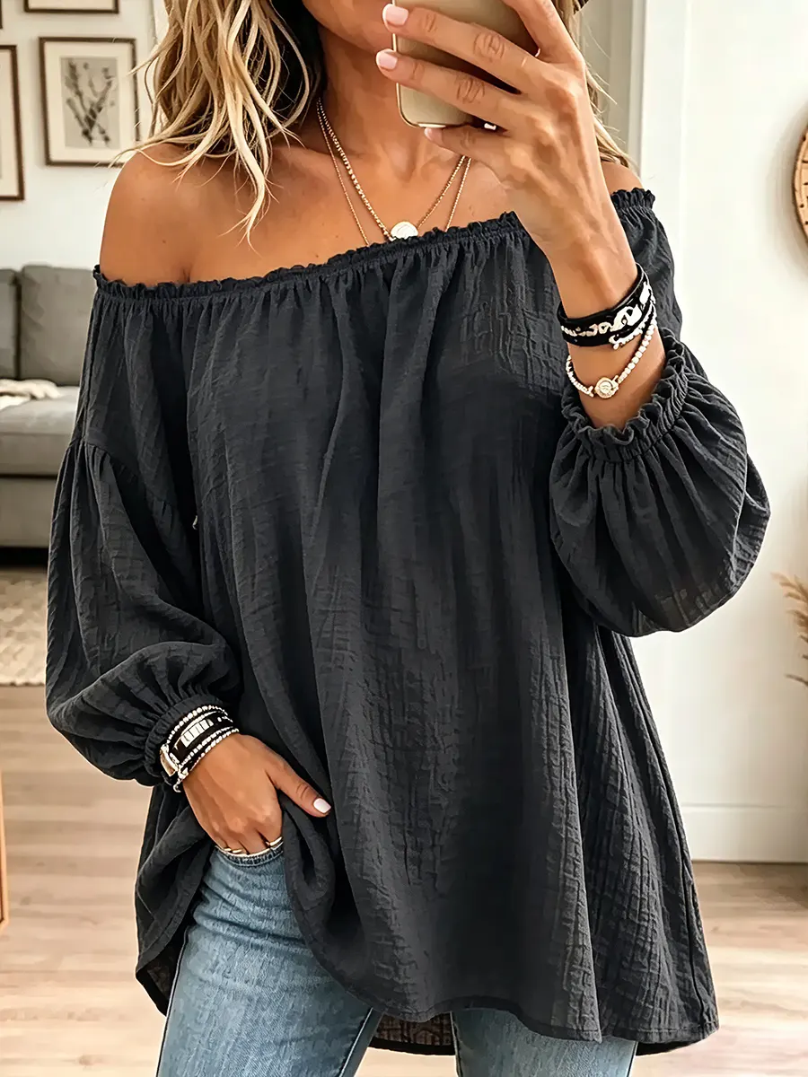 ☁️🍂Vintage Elegant Off-the-shoulder Elasticated Pleated Cotton And Linen Solid Color Shirt