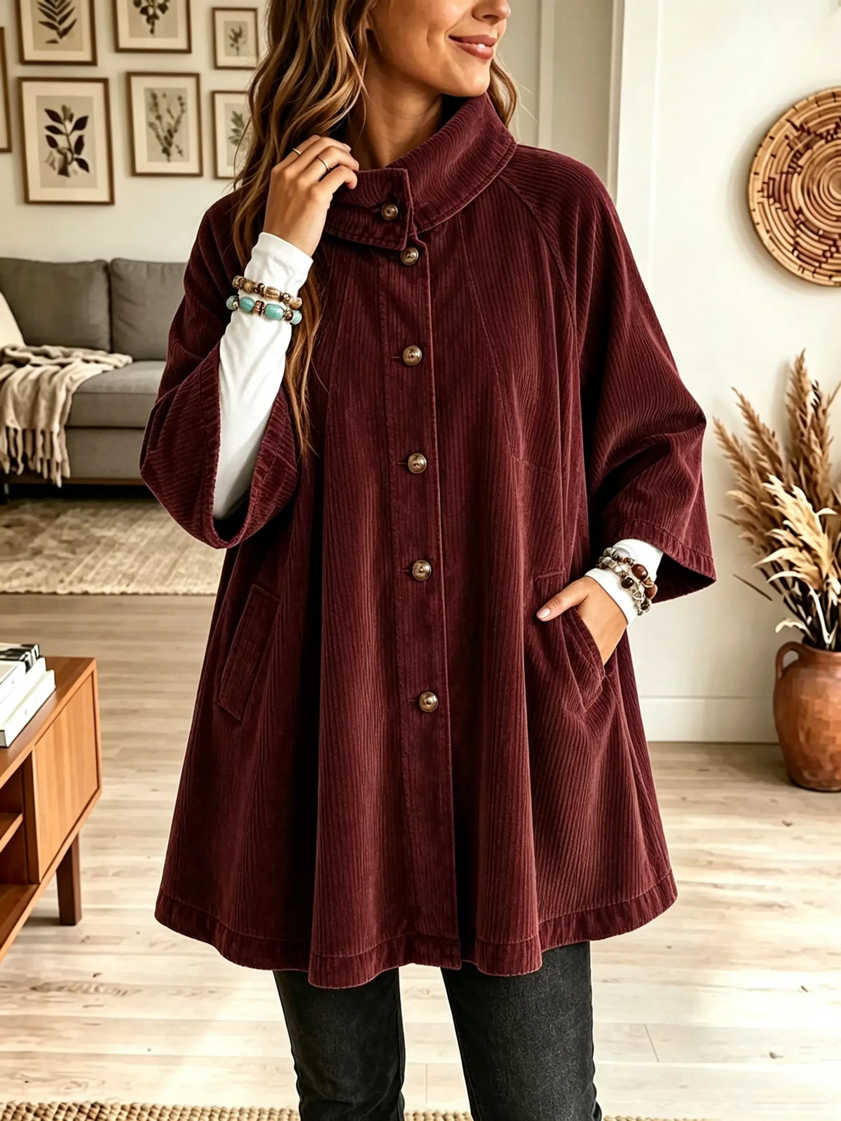 ☁️🍂Women's Stand Collar Oversized Corduroy Poncho Coat