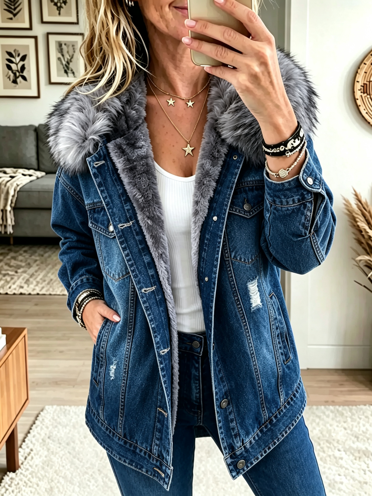 ☁️🍂Women's Faux Fur Collar Fleece-Lined Denim Jacket