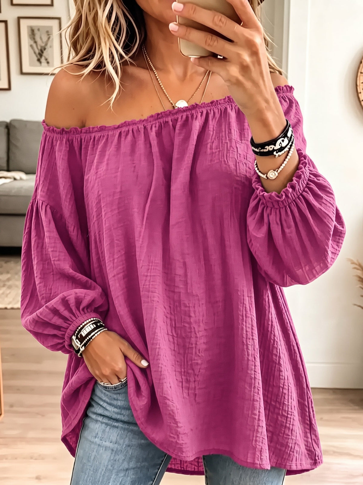 ☁️🍂Vintage Elegant Off-the-shoulder Elasticated Pleated Cotton And Linen Solid Color Shirt