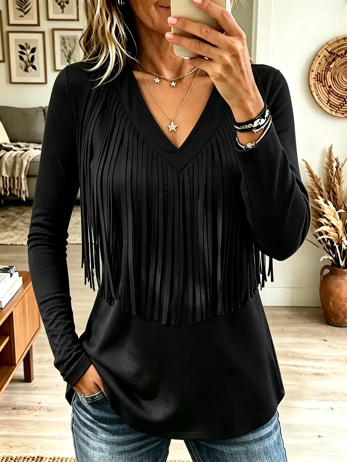 ☁️🍂Women's V-Neck Tassel Fringe Long-Sleeve Top