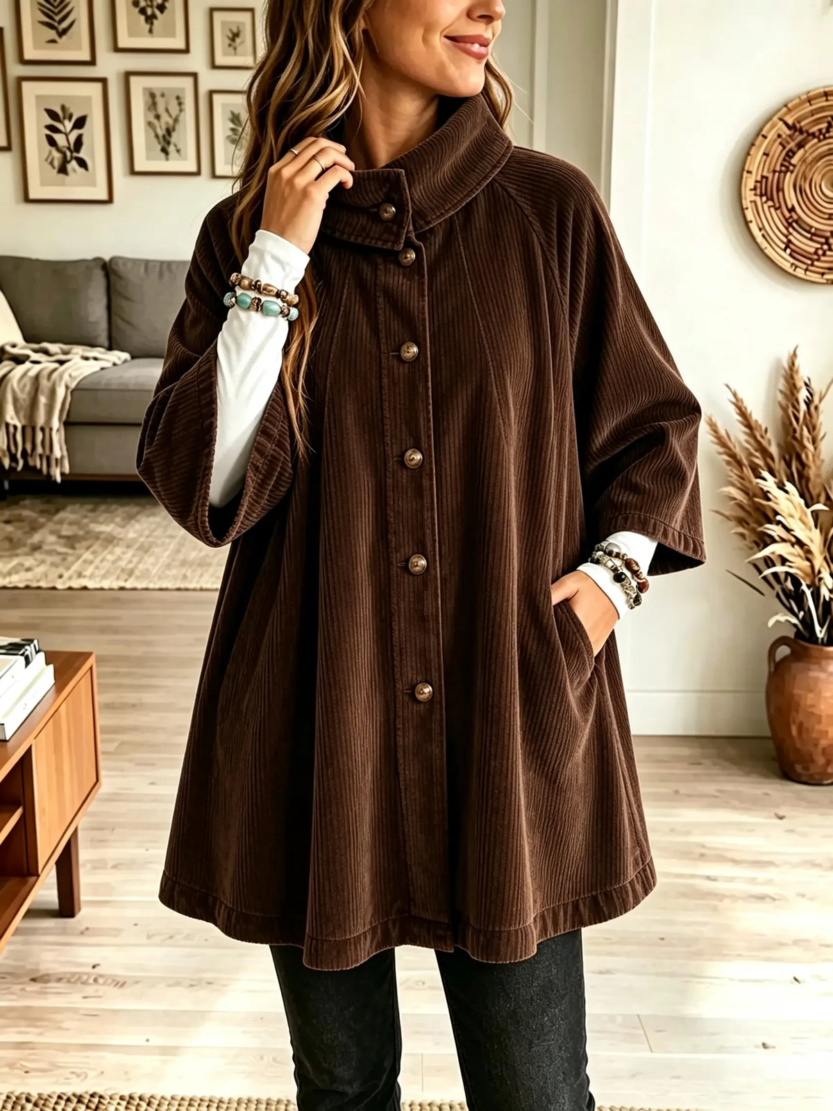 ☁️🍂Women's Stand Collar Oversized Corduroy Poncho Coat