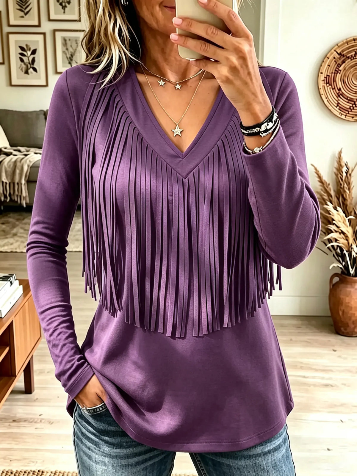 ☁️🍂Women's V-Neck Tassel Fringe Long-Sleeve Top