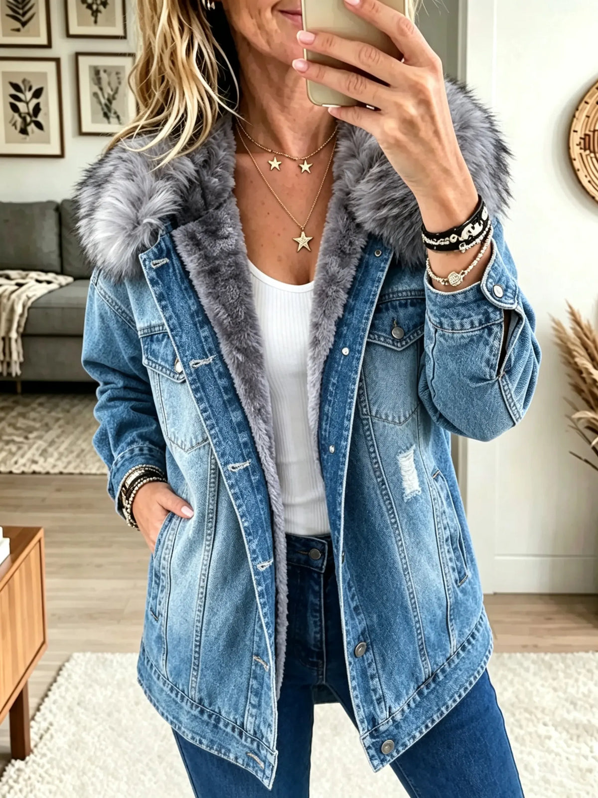 ☁️🍂Women's Faux Fur Collar Fleece-Lined Denim Jacket