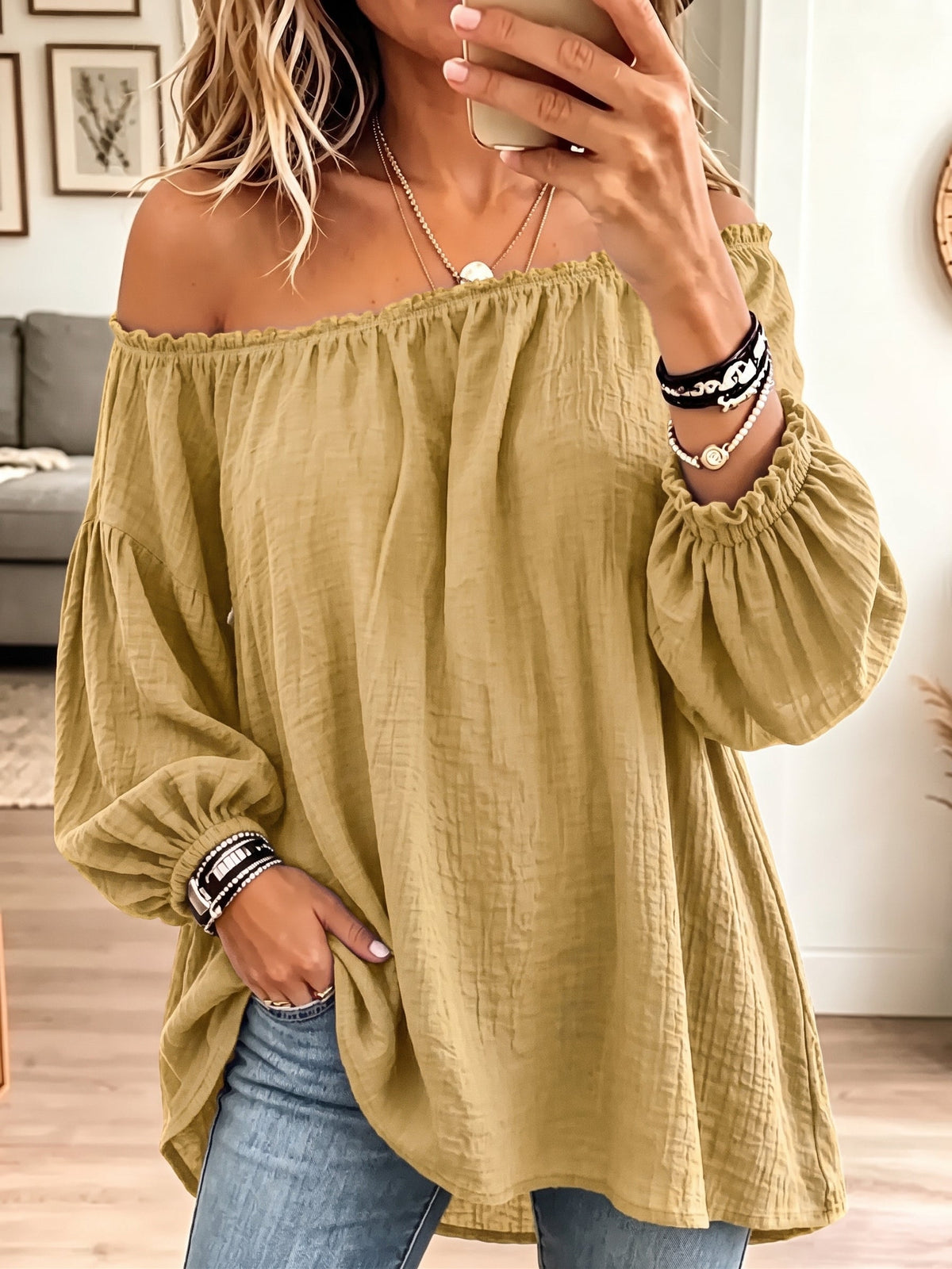 ☁️🍂Vintage Elegant Off-the-shoulder Elasticated Pleated Cotton And Linen Solid Color Shirt