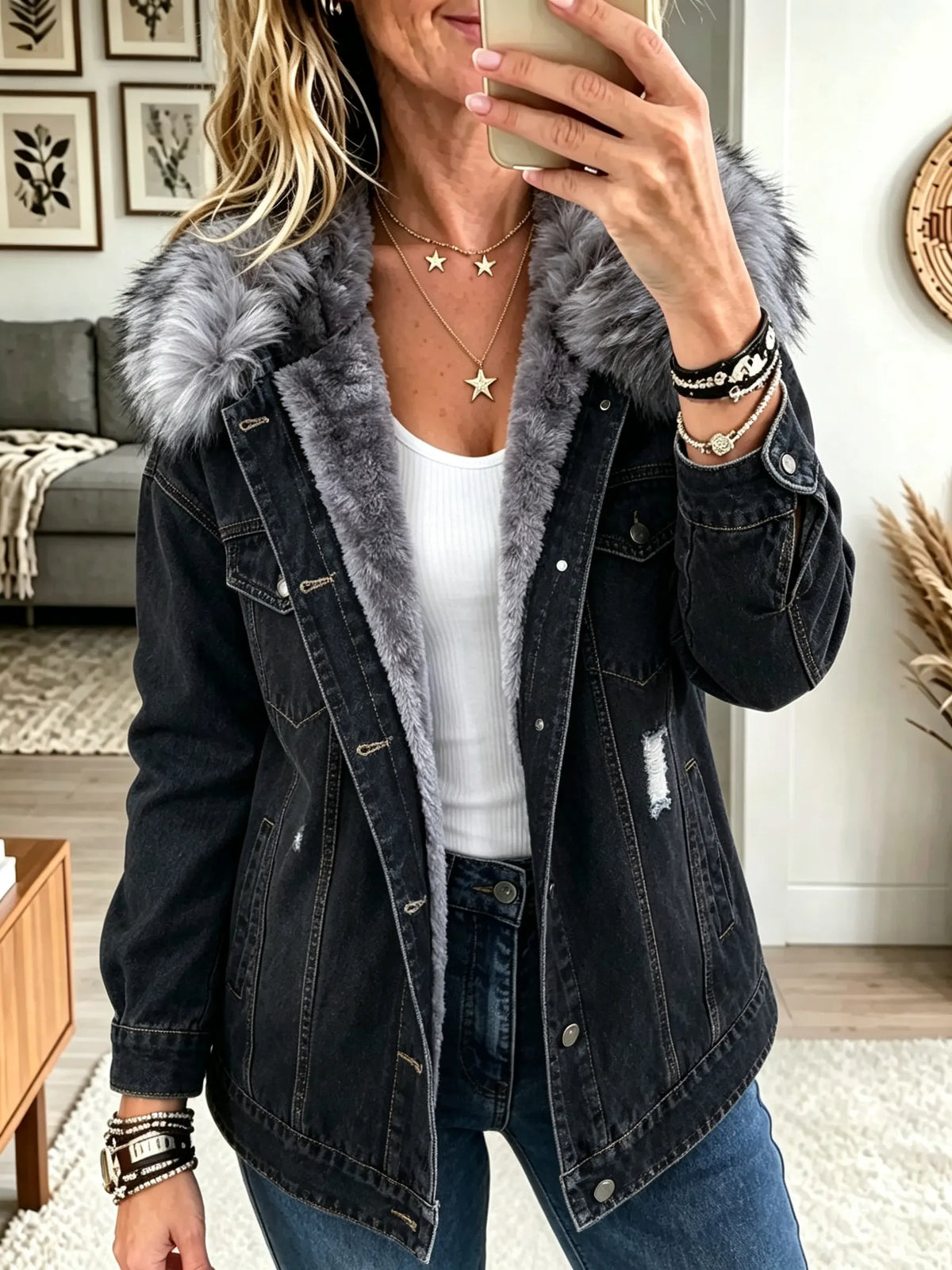 ☁️🍂Women's Faux Fur Collar Fleece-Lined Denim Jacket