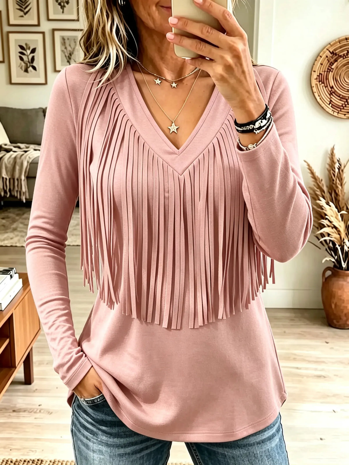 ☁️🍂Women's V-Neck Tassel Fringe Long-Sleeve Top