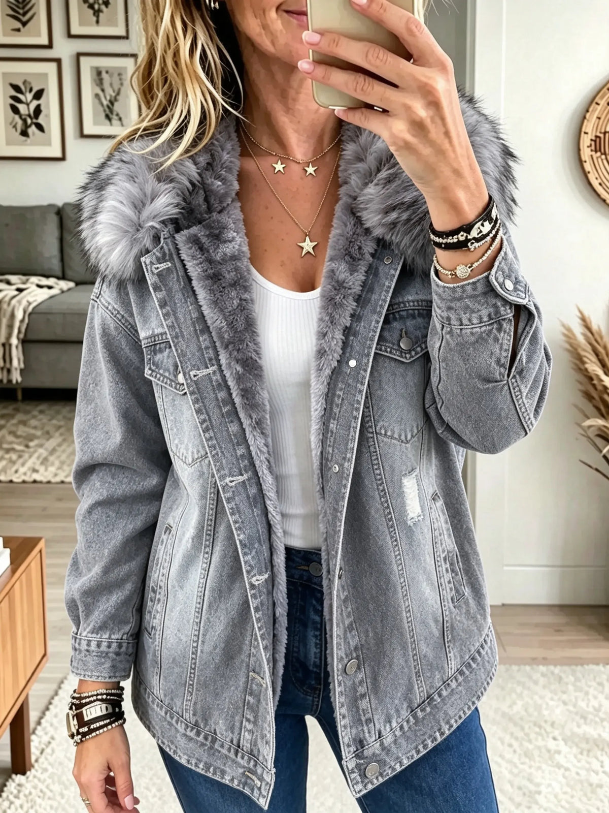 ☁️🍂Women's Faux Fur Collar Fleece-Lined Denim Jacket