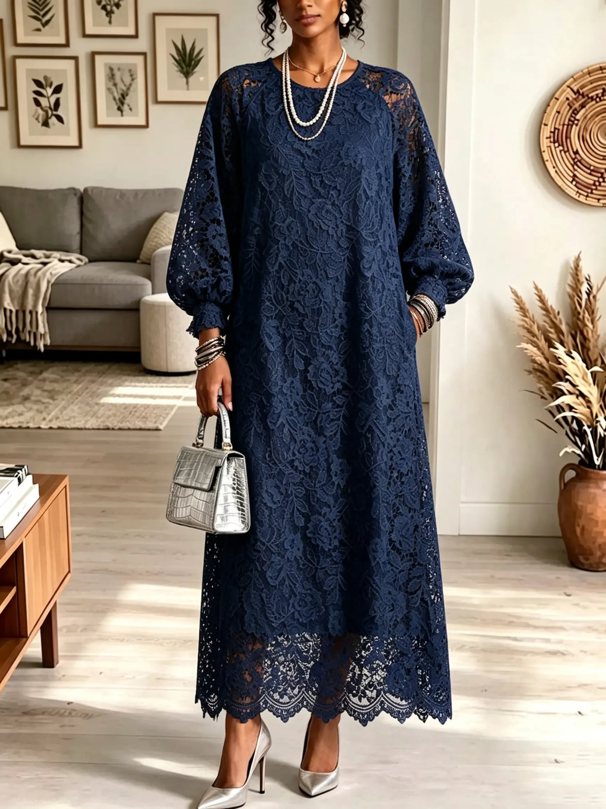 ☁️🍂Women's Floral Lace Balloon Sleeve Maxi Dress