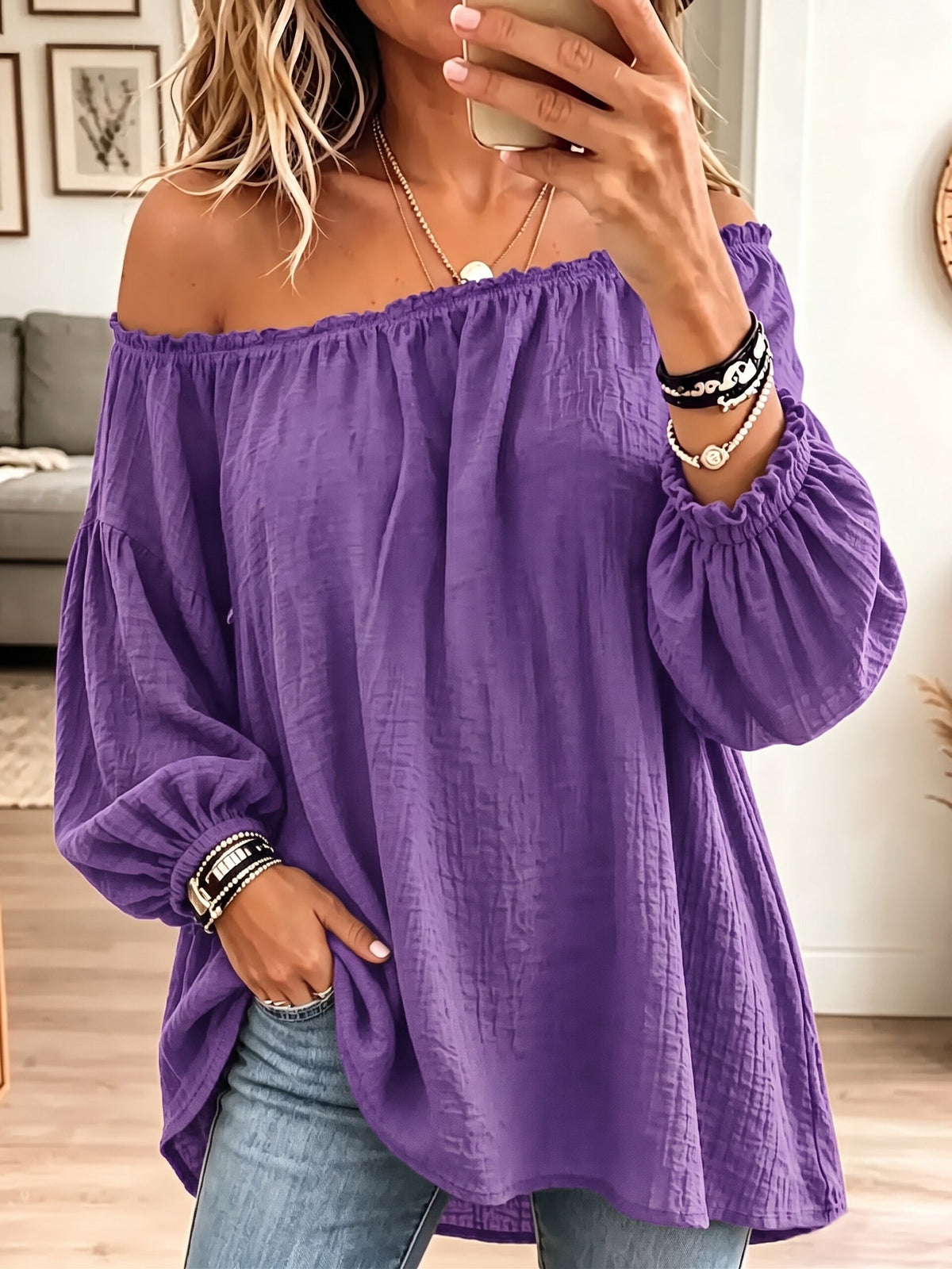 ☁️🍂Vintage Elegant Off-the-shoulder Elasticated Pleated Cotton And Linen Solid Color Shirt