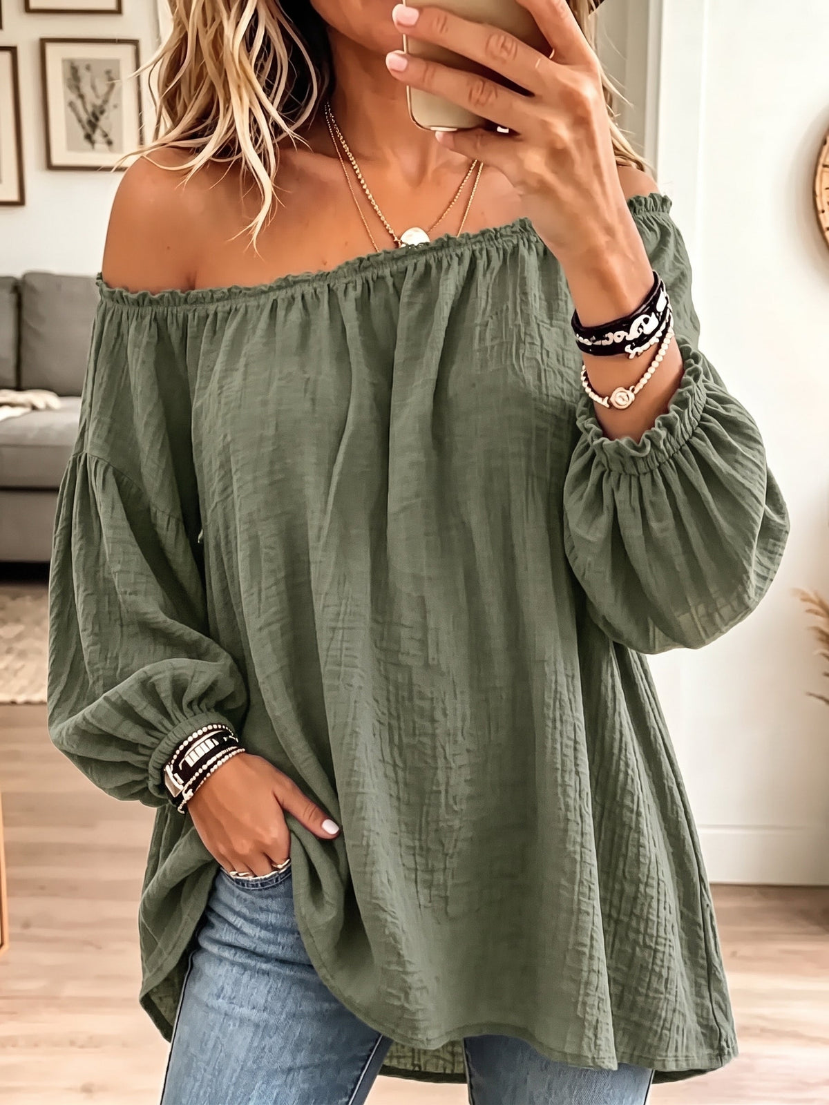 ☁️🍂Vintage Elegant Off-the-shoulder Elasticated Pleated Cotton And Linen Solid Color Shirt