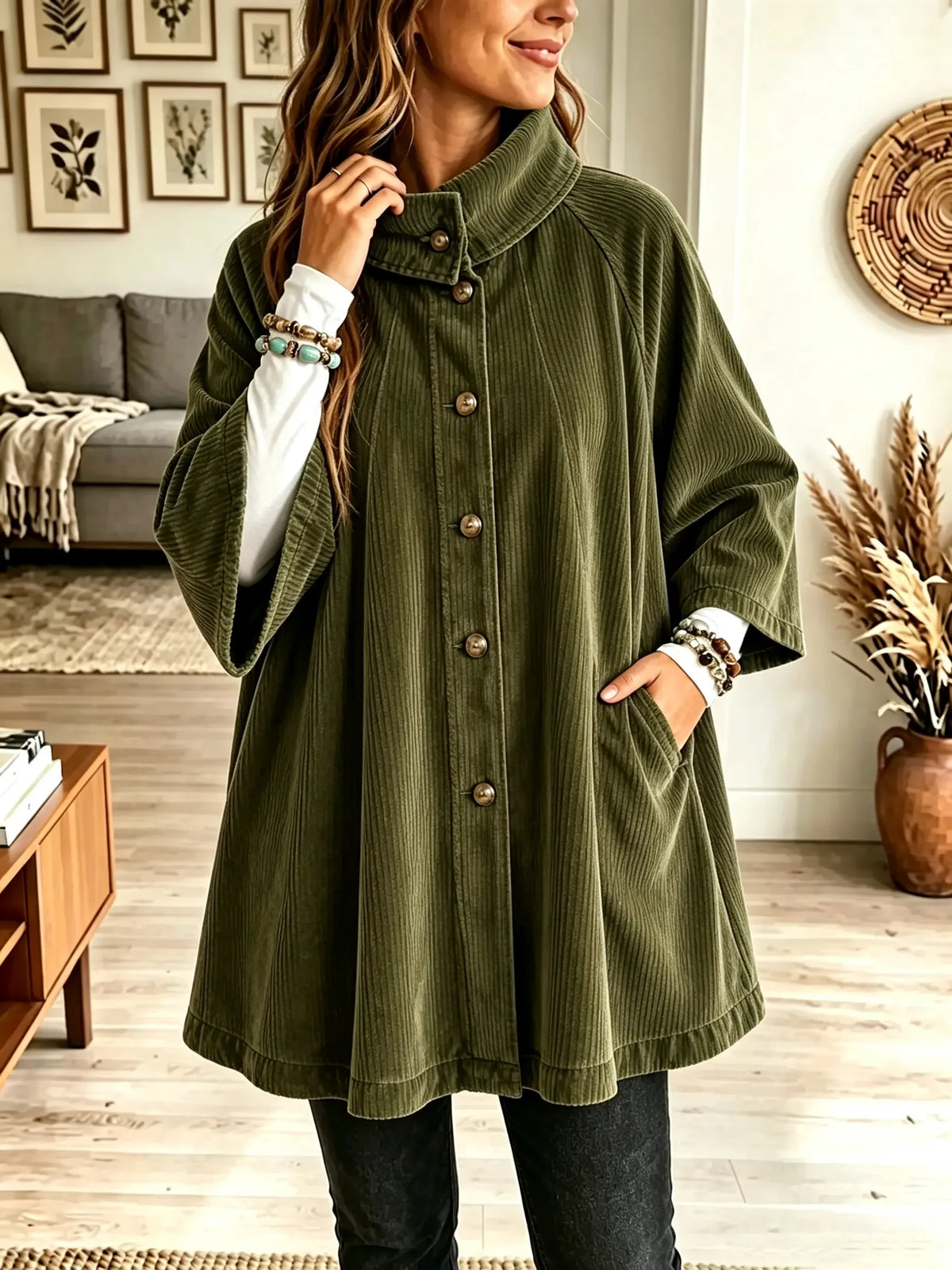 ☁️🍂Women's Stand Collar Oversized Corduroy Poncho Coat