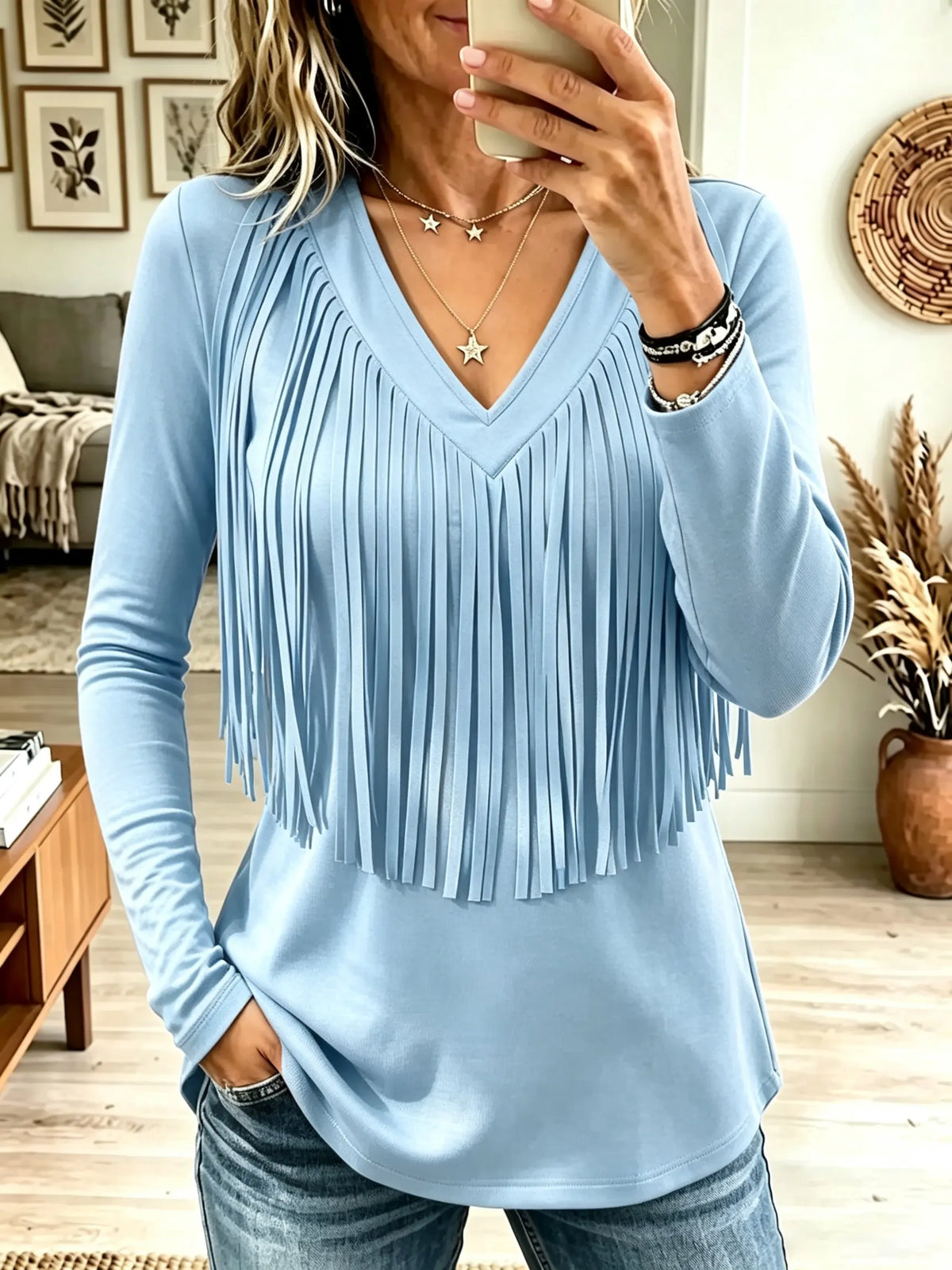 ☁️🍂Women's V-Neck Tassel Fringe Long-Sleeve Top