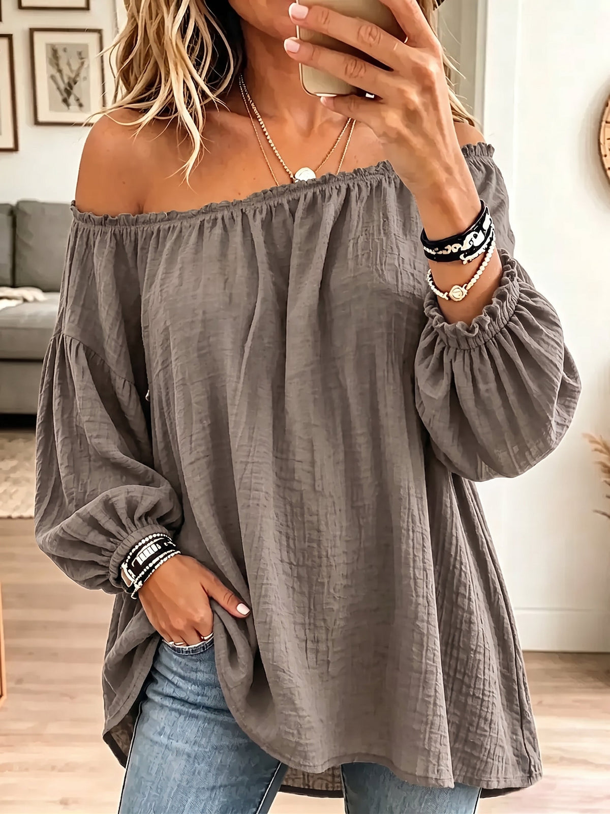 ☁️🍂Vintage Elegant Off-the-shoulder Elasticated Pleated Cotton And Linen Solid Color Shirt