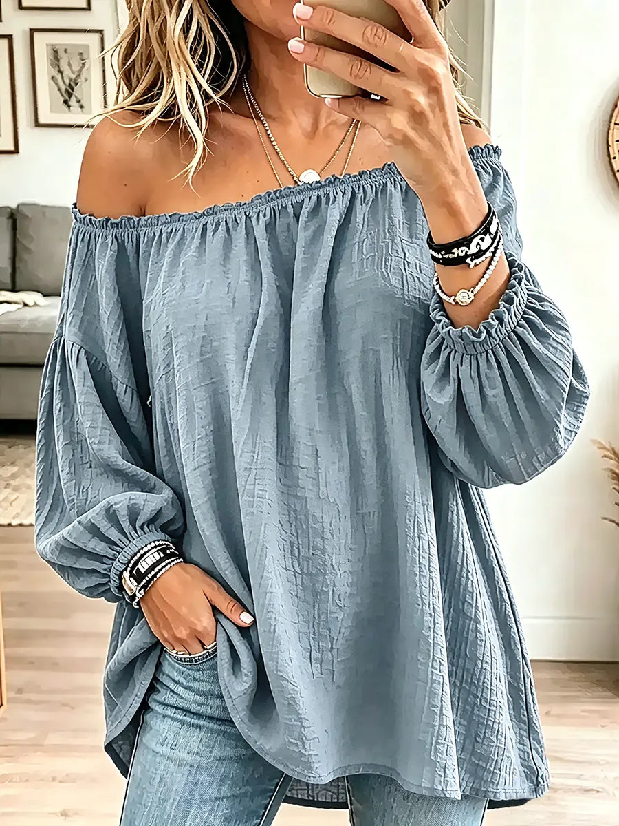☁️🍂Vintage Elegant Off-the-shoulder Elasticated Pleated Cotton And Linen Solid Color Shirt