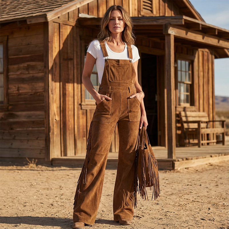 🌸🌸Women’s Vintage Western Fringe Suede-Like Wide Leg Overalls ✨