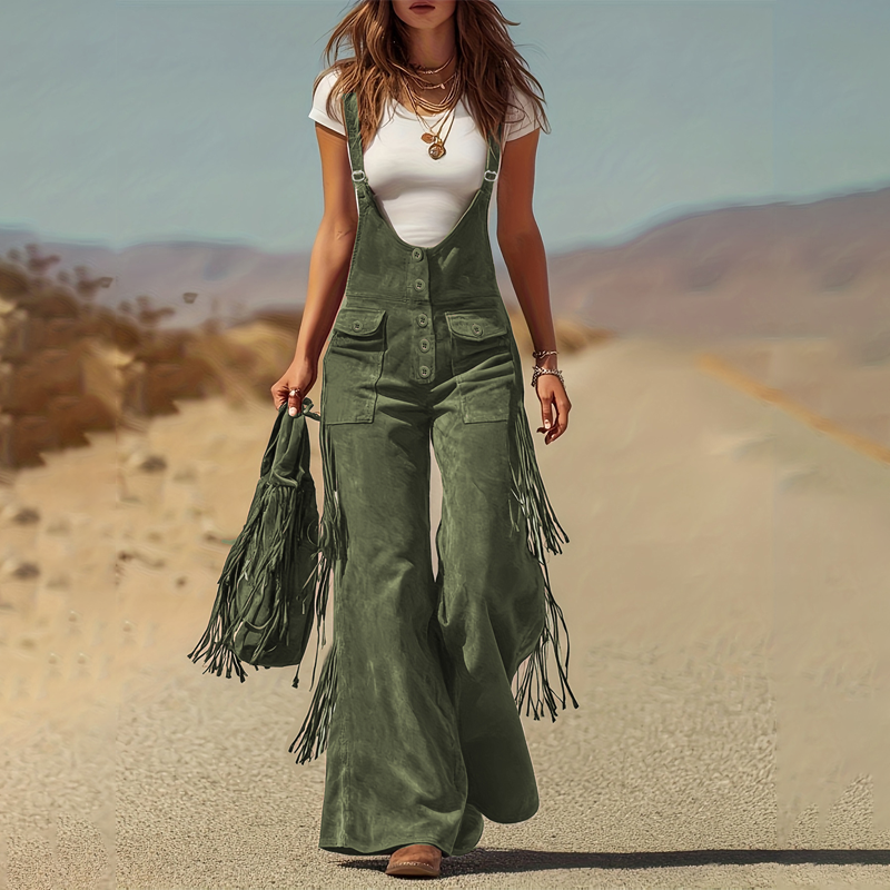 🌸🌸Women’s Vintage Western Fringe Suede-Like Wide Leg Overalls ✨