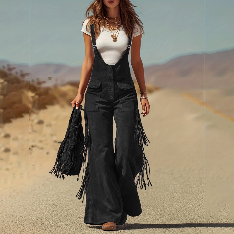 🌸🌸Women’s Vintage Western Fringe Suede-Like Wide Leg Overalls ✨