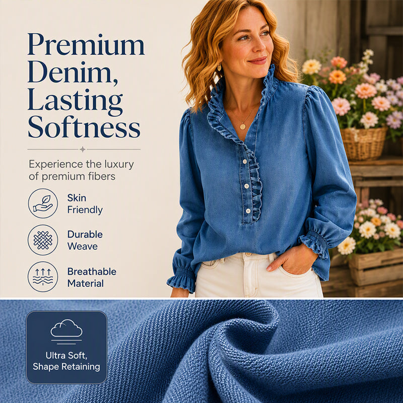 ☁️🍂Women's Ruffle Collar Puff Sleeve Denim Top