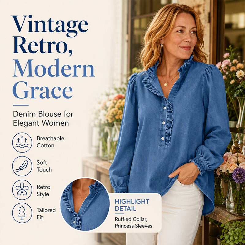 ☁️🍂Women's Ruffle Collar Puff Sleeve Denim Top