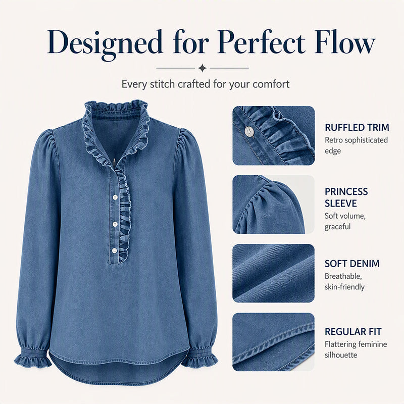 ☁️🍂Women's Ruffle Collar Puff Sleeve Denim Top