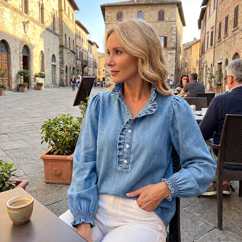 ☁️🍂Women's Ruffle Collar Puff Sleeve Denim Top